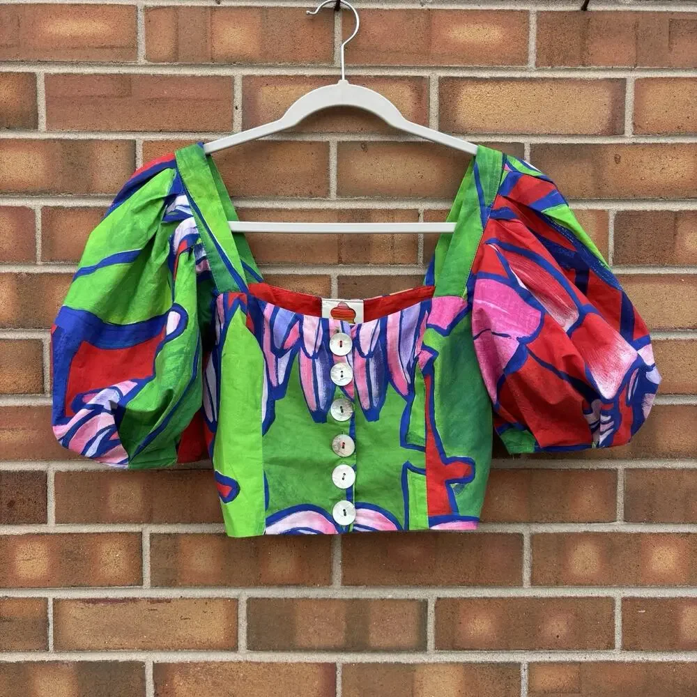 Farm Rio Tropical Bunch Puff Sleeve Top Womens XS Multicolored Buttons